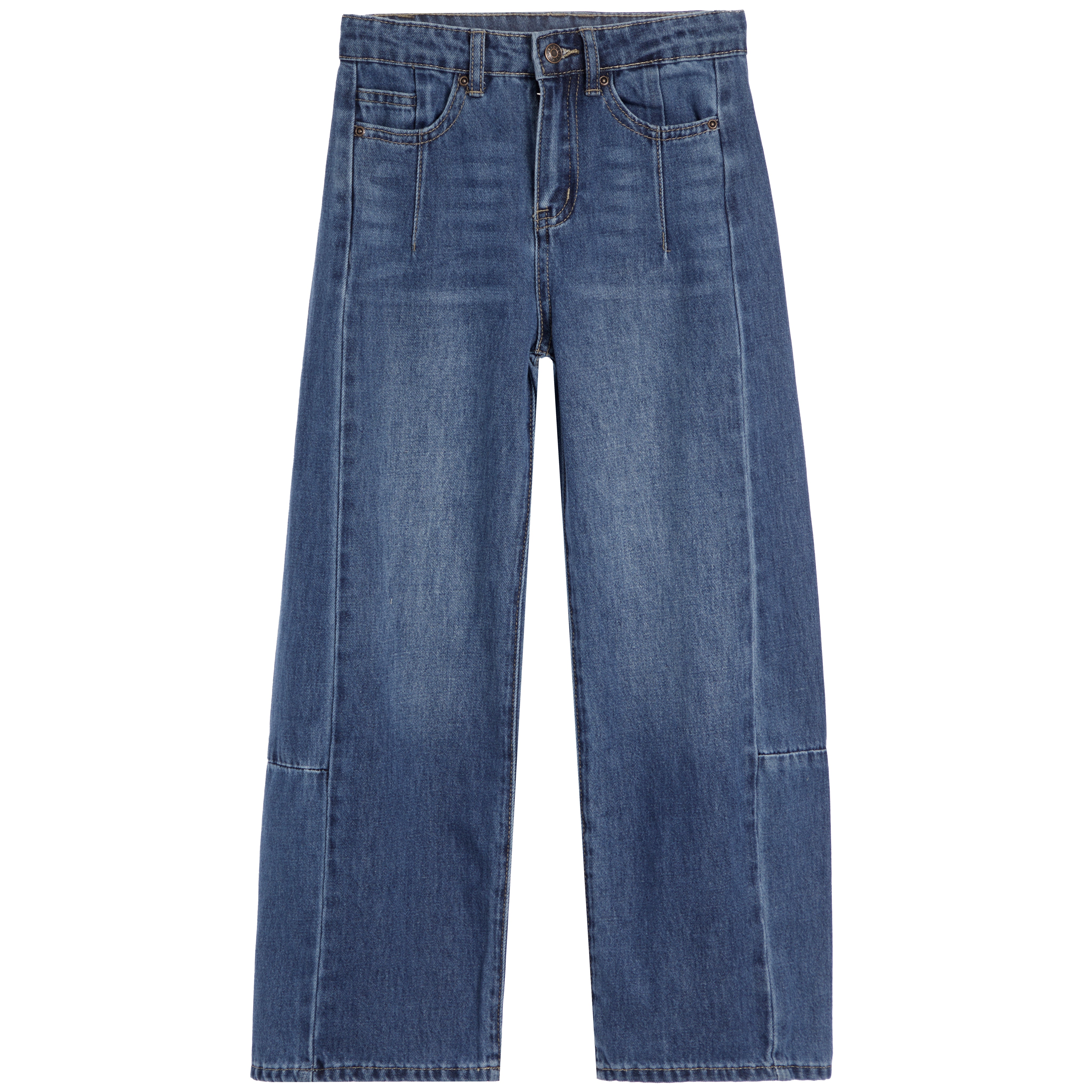 A pair of high-waisted, wide-leg blue denim jeans with contrast stitching and patch pockets on the front legs, shown against a plain white background.