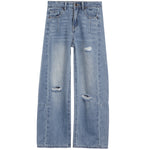 Light blue wide-leg denim jeans with distressed rips on the front of each leg, shown flat against a white background.