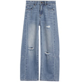 Light blue wide-leg denim jeans with distressed rips on the front of each leg, shown flat against a white background.