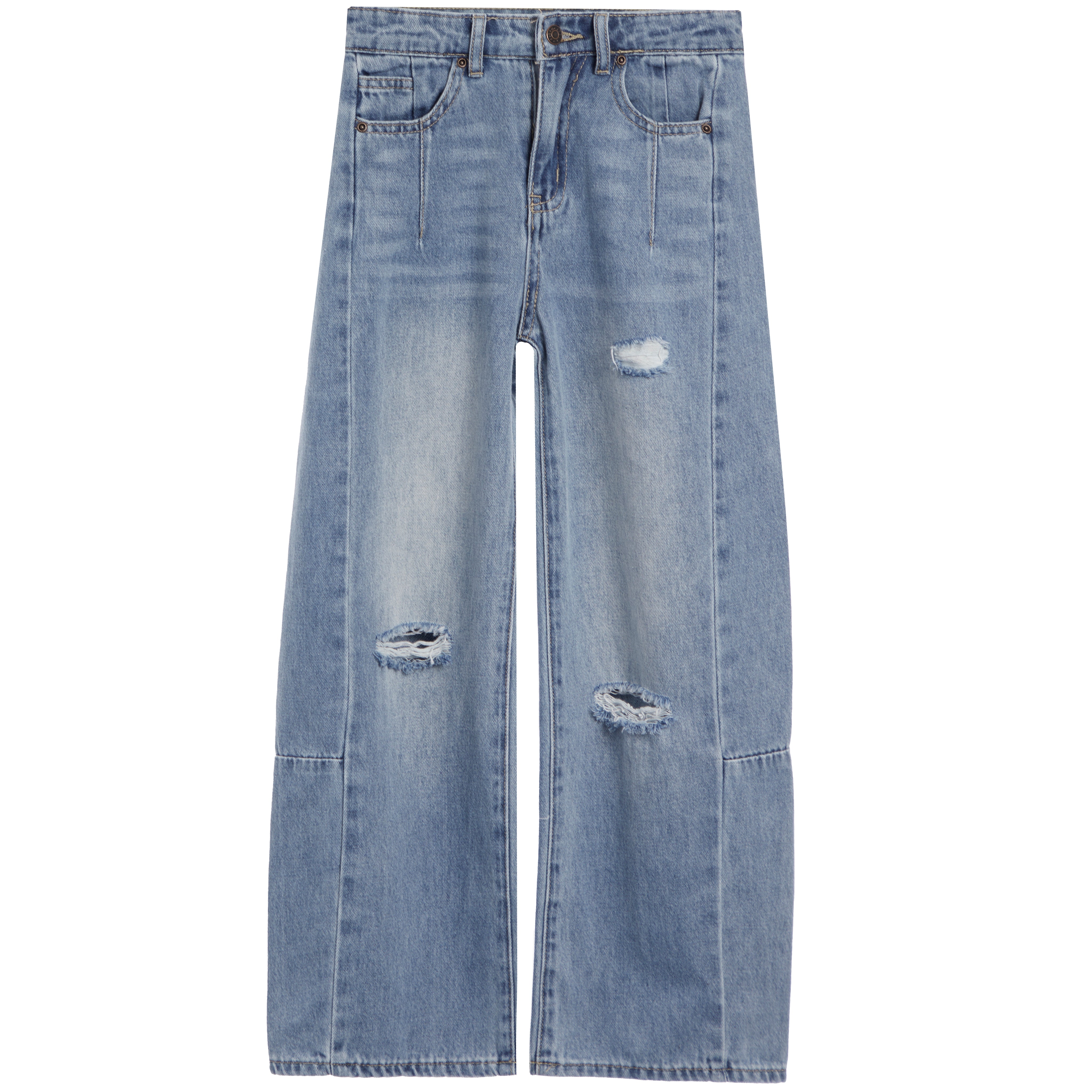Light blue wide-leg denim jeans with distressed rips on the front of each leg, shown flat against a white background.
