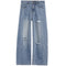 Light blue wide-leg denim jeans with distressed rips on the front of each leg, shown flat against a white background.