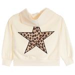 A cream-colored hooded sweatshirt featuring a large star-shaped leopard print graphic on the back, set against a plain white background.