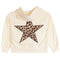 A cream-colored hooded sweatshirt featuring a large star-shaped leopard print graphic on the back, set against a plain white background.