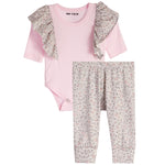 2pc Ruffle Shoulder Onesie Set Grey & Pink Leopard - Denny's