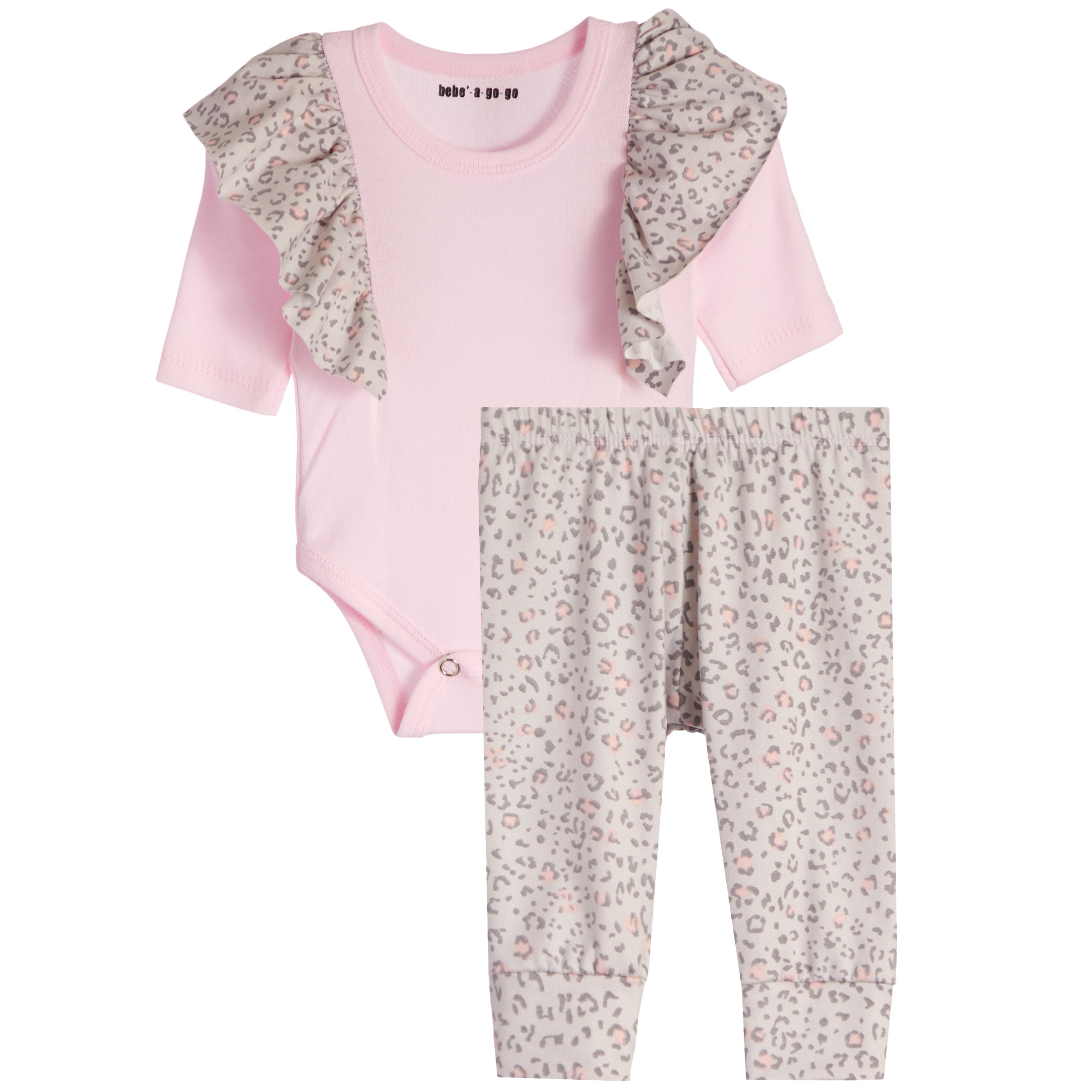 2pc Ruffle Shoulder Onesie Set Grey & Pink Leopard - Denny's