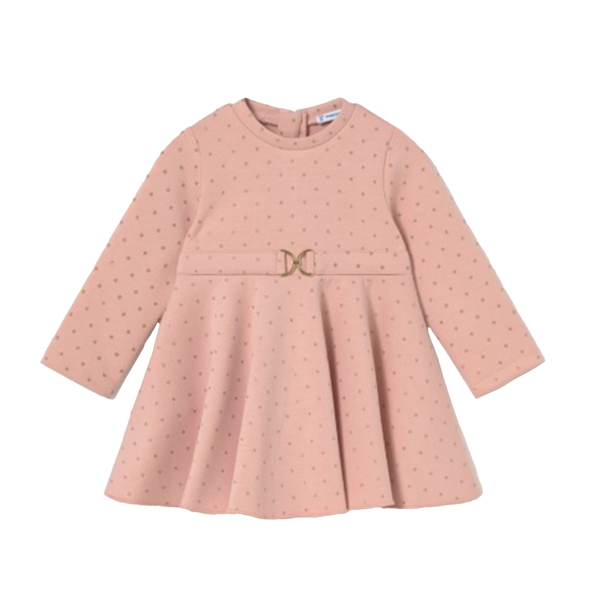 A pink long-sleeve baby dress with a subtle polka dot pattern, featuring a gathered waist with a small gold-tone metal accent, displayed on a clean white background.