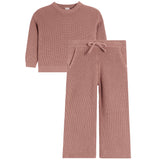 A two-piece children's knit outfit set in a dusty rose pink color, featuring a long-sleeve crewneck sweater and matching wide-leg pants with a drawstring waist.