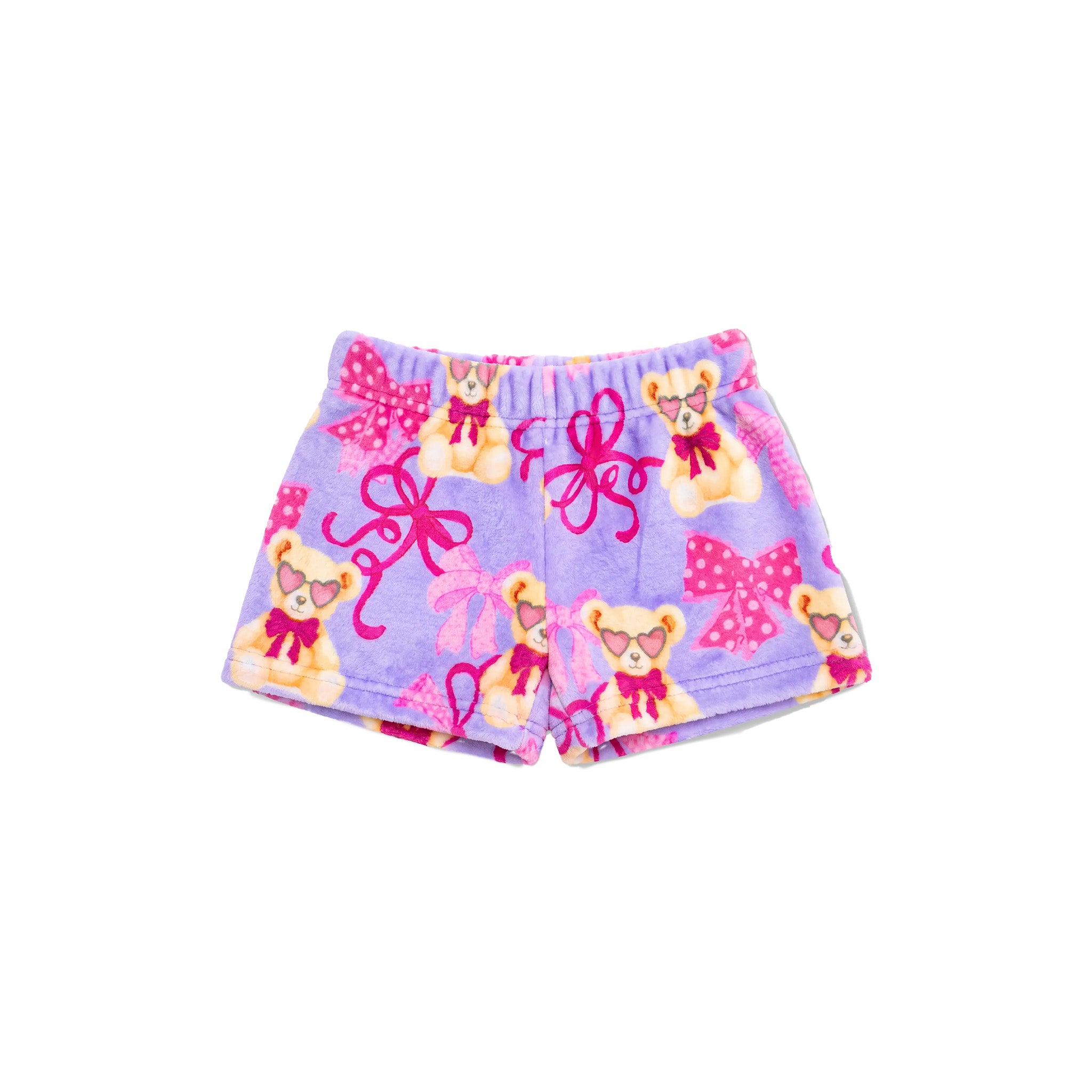 A pair of children's shorts in lavender purple fleece, featuring a playful print of teddy bears wearing sunglasses and pink bows.