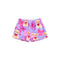 A pair of children's shorts in lavender purple fleece, featuring a playful print of teddy bears wearing sunglasses and pink bows.