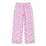Pink fleece pajama pants with an all-over colorful heart print, featuring an elastic waistband and side pockets, shown flat on a white background.