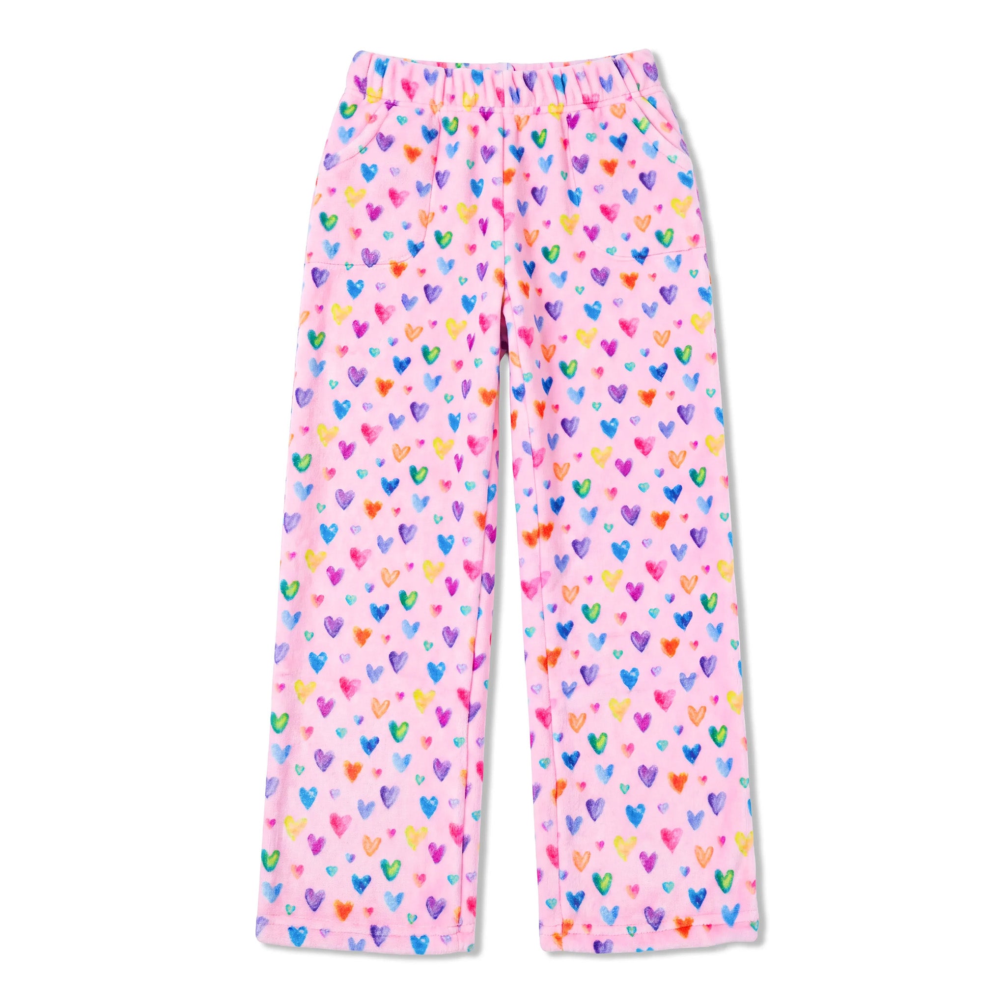 Pink fleece pajama pants with an all-over colorful heart print, featuring an elastic waistband and side pockets, shown flat on a white background.