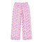 Pink fleece pajama pants with an all-over colorful heart print, featuring an elastic waistband and side pockets, shown flat on a white background.