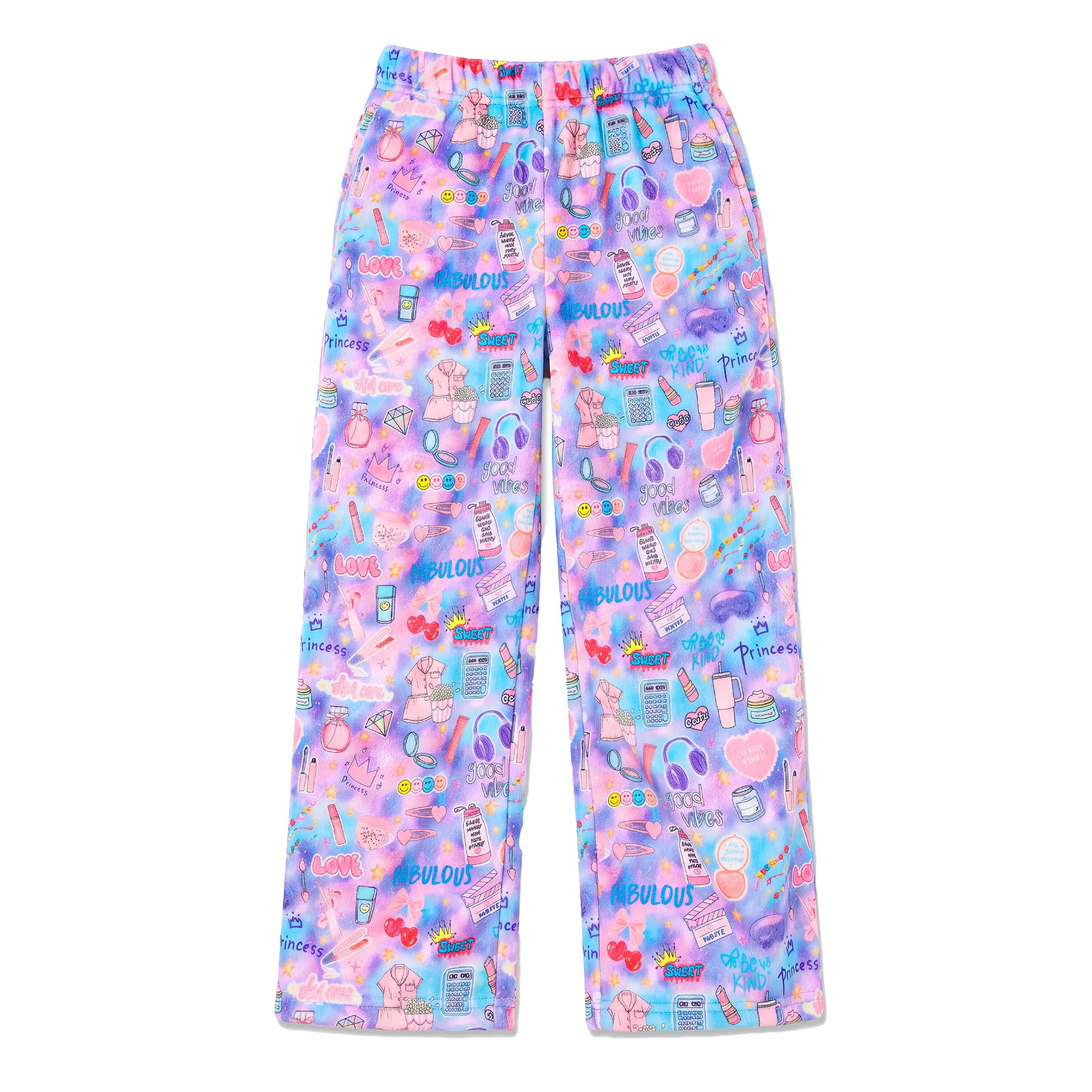A pair of wide-leg lounge pants featuring a colorful, playful all-over print with cosmetics, makeup tools, and the word 'FABULOUS' in various shades of pink, purple, blue, and yellow on a white background.
