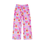 A pair of children's pajama pants in light purple with an all-over print of pink bows, yellow teddy bears wearing glasses, and small pink flowers, shown on a plain white background.