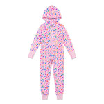 A children's hooded one-piece jumpsuit in light pink fleece with an all-over multicolor heart print, shown flat against a solid white background.
