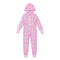 A children's hooded one-piece jumpsuit in light pink fleece with an all-over multicolor heart print, shown flat against a solid white background.