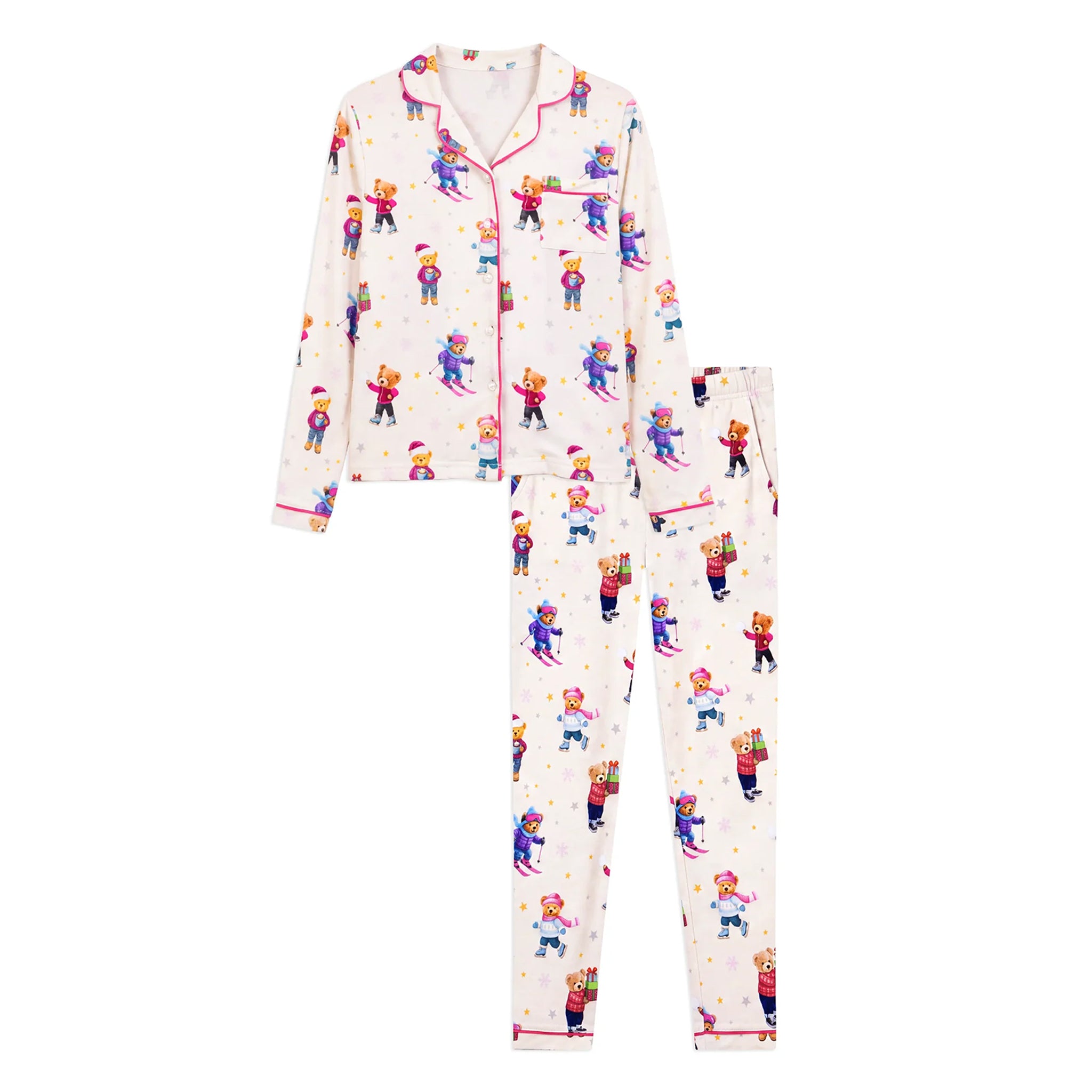 A two-piece pajama set featuring a long-sleeve button-front top and matching pants, both in an off-white base with a colorful bear print and pink piping trim.