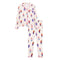 A two-piece pajama set featuring a long-sleeve button-front top and matching pants, both in an off-white base with a colorful bear print and pink piping trim.