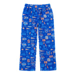 Blue fleece pajama pants with an all-over Game Day print featuring orange and white text, numbers, stars, and sports icons, shown on a plain white background.