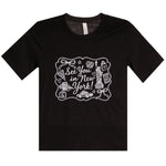 A black short-sleeve crewneck t-shirt with a white graphic print on the front that reads 'See You in New York!' surrounded by travel-themed doodles, shown against a plain white background.