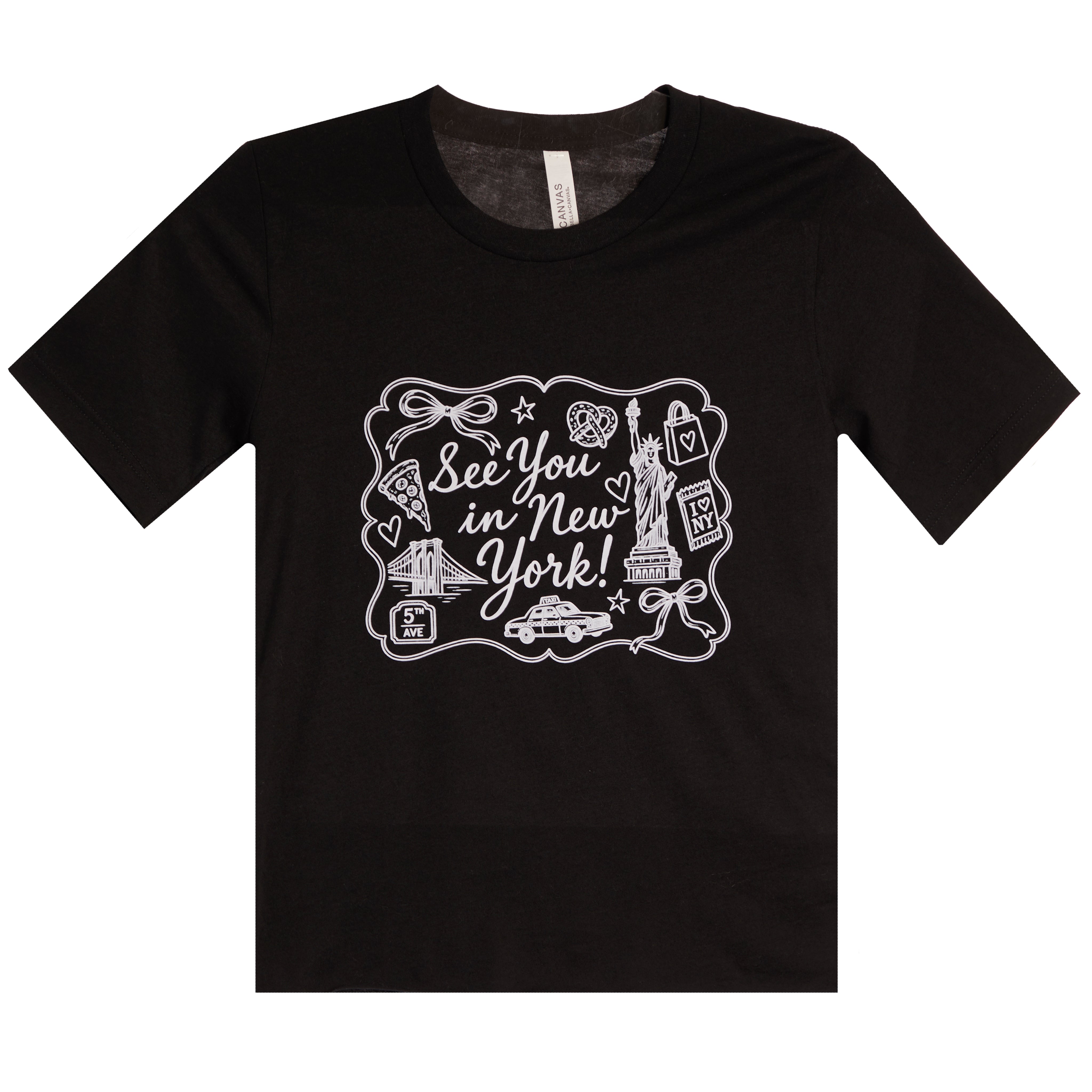 A black short-sleeve crewneck t-shirt with a white graphic print on the front that reads 'See You in New York!' surrounded by travel-themed doodles, shown against a plain white background.