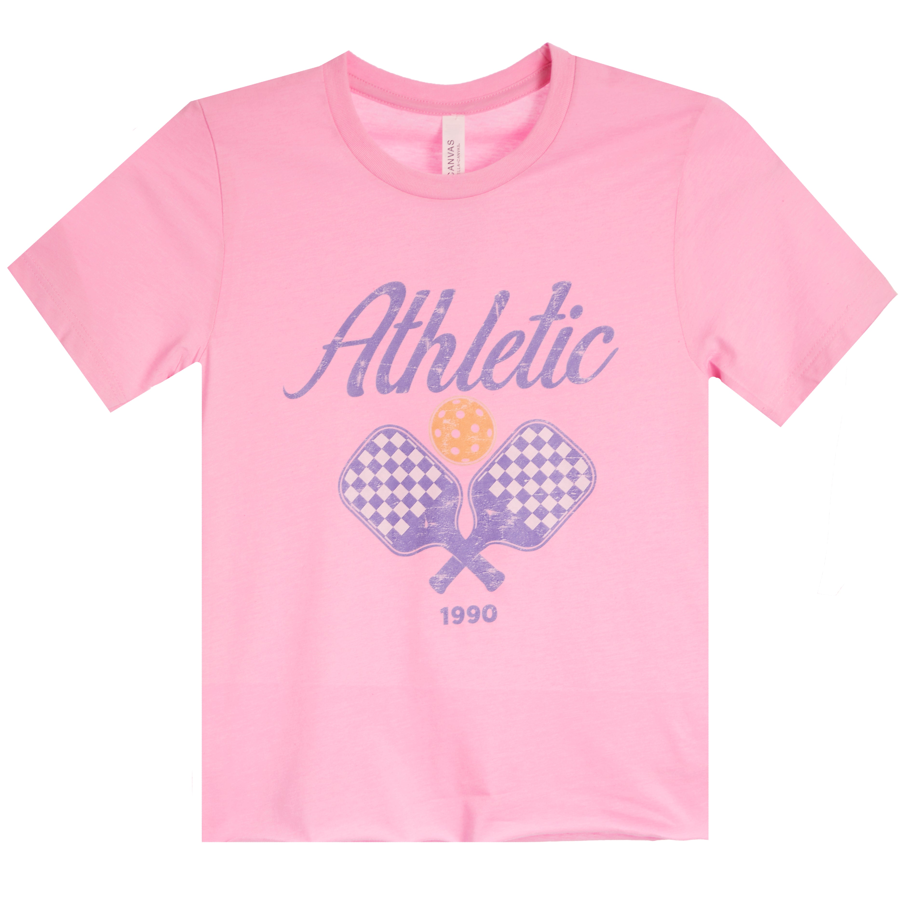 A pink short-sleeve t-shirt with a graphic on the front featuring the word 'Athletic' in purple script, two crossed tennis rackets with a checkerboard pattern, a yellow tennis ball, and the year '1990' printed below.