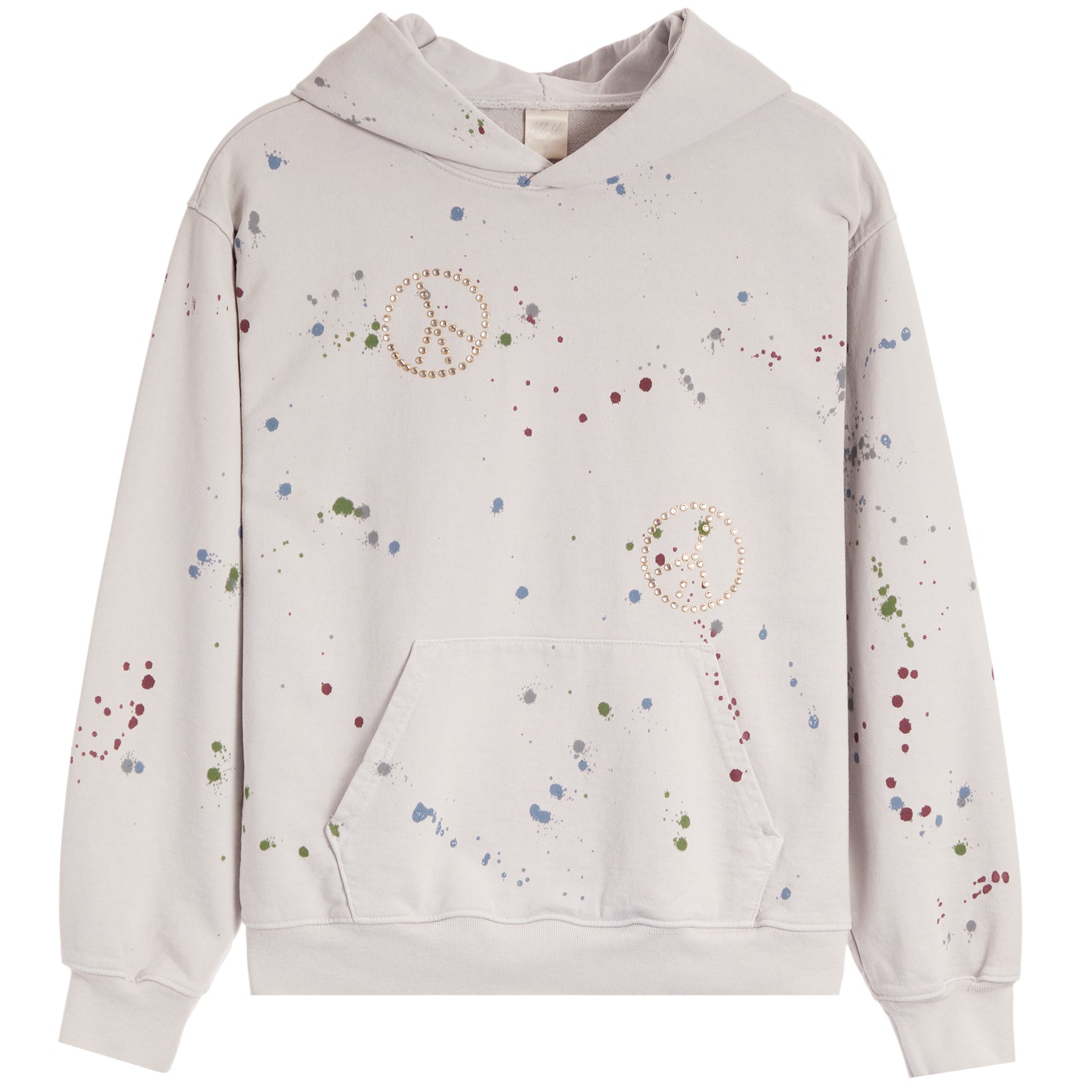 A light beige pullover hoodie with a multicolor paint splatter pattern and two peace sign motifs on the front, displayed against a solid white background.