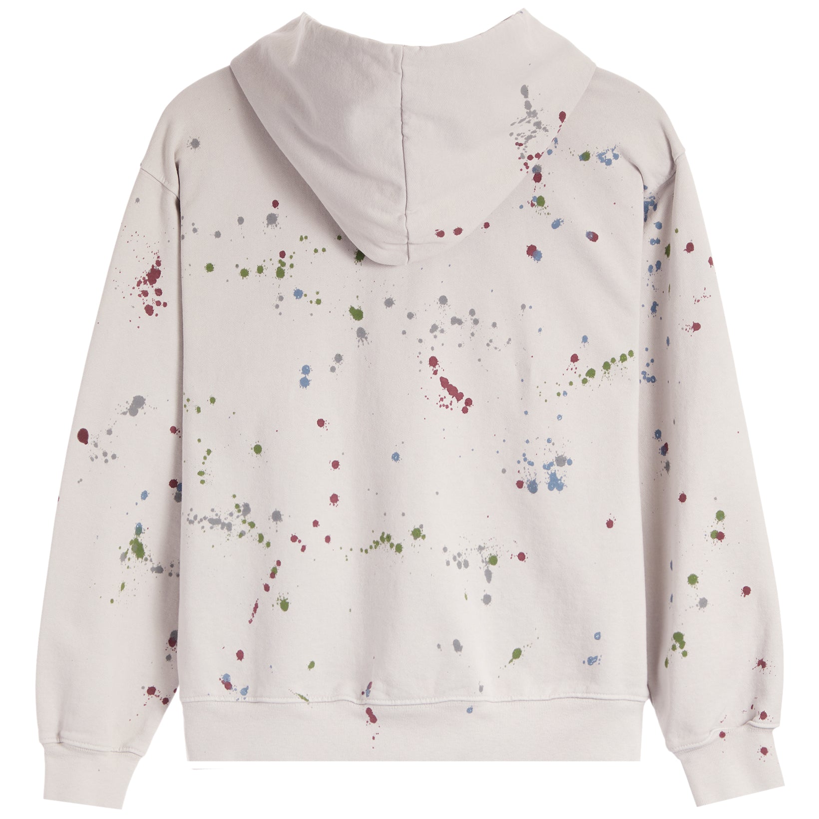 A light beige hooded sweatshirt shown from the back, featuring a colorful paint splatter pattern in red, green, blue, and gray.
