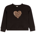 A black long-sleeve crewneck sweatshirt featuring a textured leopard-print heart on the center chest, displayed flat against a solid white background.