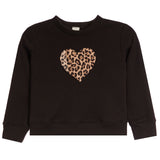 A black long-sleeve crewneck sweatshirt featuring a textured leopard-print heart on the center chest, displayed flat against a solid white background.