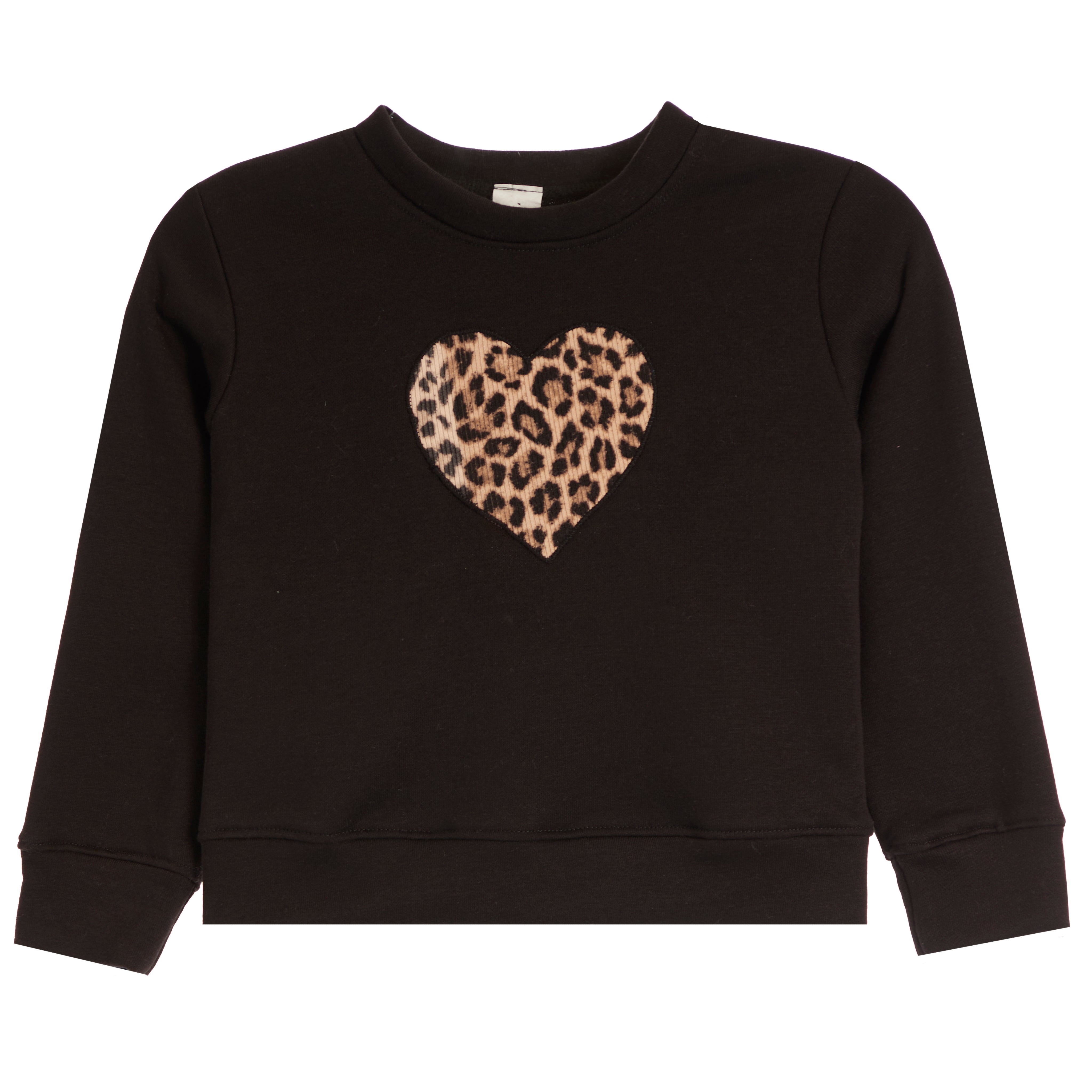 A black long-sleeve crewneck sweatshirt featuring a textured leopard-print heart on the center chest, displayed flat against a solid white background.