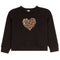 A black long-sleeve crewneck sweatshirt featuring a textured leopard-print heart on the center chest, displayed flat against a solid white background.