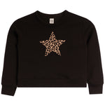 A black long-sleeve crewneck sweatshirt featuring a leopard-print star graphic on the chest, displayed against a solid white background.