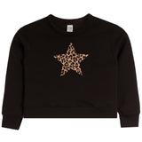 A black long-sleeve crewneck sweatshirt featuring a leopard-print star graphic on the chest, displayed against a solid white background.