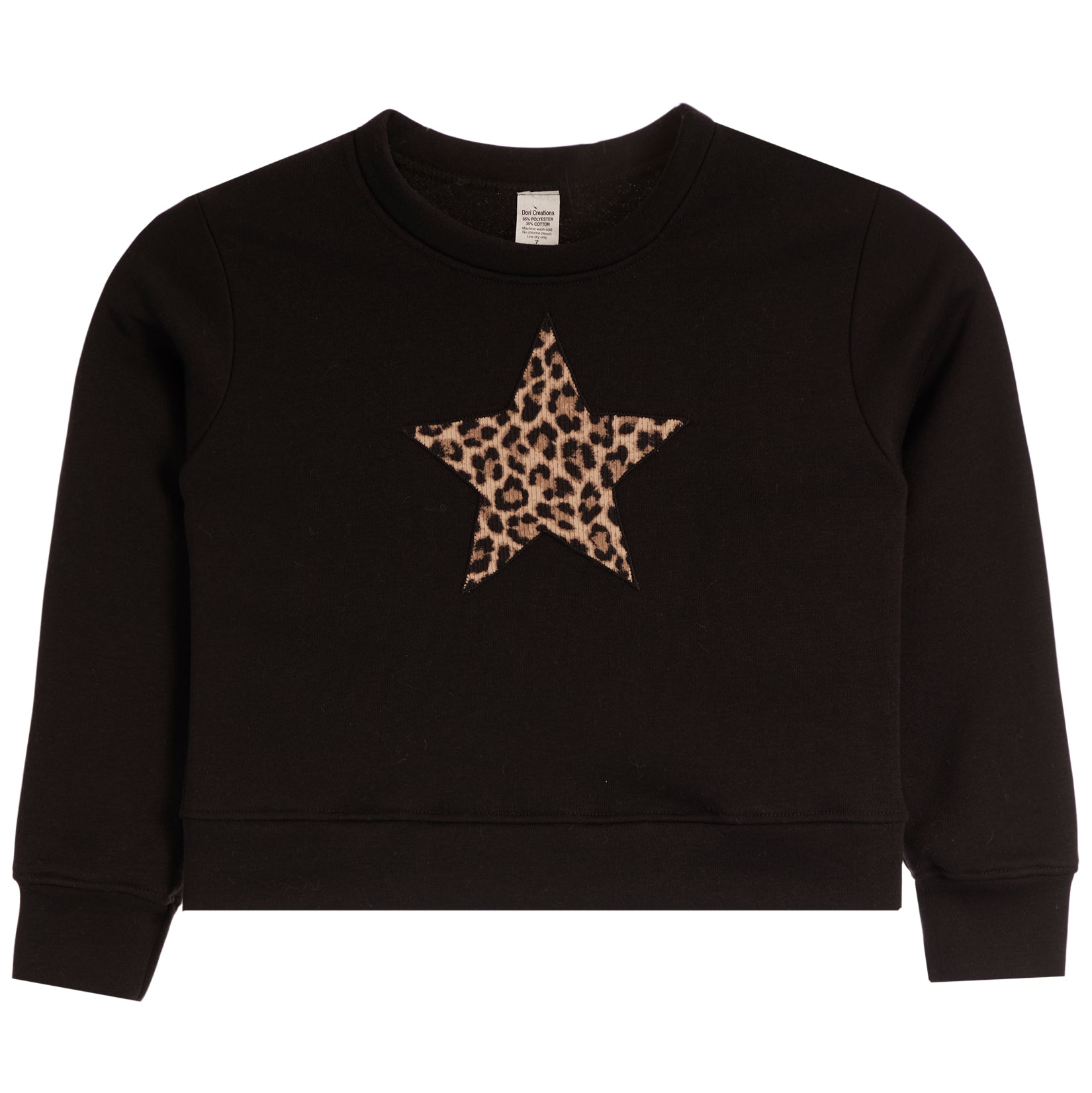 A black long-sleeve crewneck sweatshirt featuring a leopard-print star graphic on the chest, displayed against a solid white background.