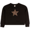 A black long-sleeve crewneck sweatshirt featuring a leopard-print star graphic on the chest, displayed against a solid white background.