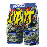 A pair of men's boxer briefs featuring a comic-book style graphic print with the word 'LUCK' in bold yellow letters, red and blue comic-style sound effects, and an all-over pattern of illustrated dollar bills. The waistband is blue with white 'PSD' branding.