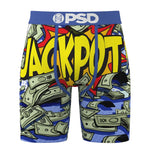 A pair of boxer briefs featuring a vibrant comic-style graphic print with the word 'JACKPOT' in bold yellow letters, surrounded by cartoon explosions and scattered dollar bills. The waistband is blue with a white 'PSD' logo.