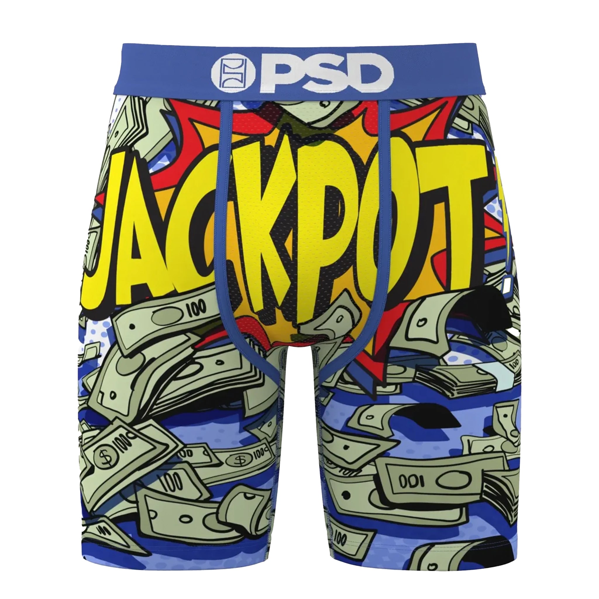 A pair of boxer briefs featuring a vibrant comic-style graphic print with the word 'JACKPOT' in bold yellow letters, surrounded by cartoon explosions and scattered dollar bills. The waistband is blue with a white 'PSD' logo.