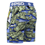 Blue athletic shorts featuring a cartoon money print with green dollar bills, a blue waistband with white 'PSD' branding, and yellow side accents.