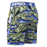 Blue athletic shorts featuring a cartoon money print with green dollar bills, a blue waistband with white 'PSD' branding, and yellow side accents.