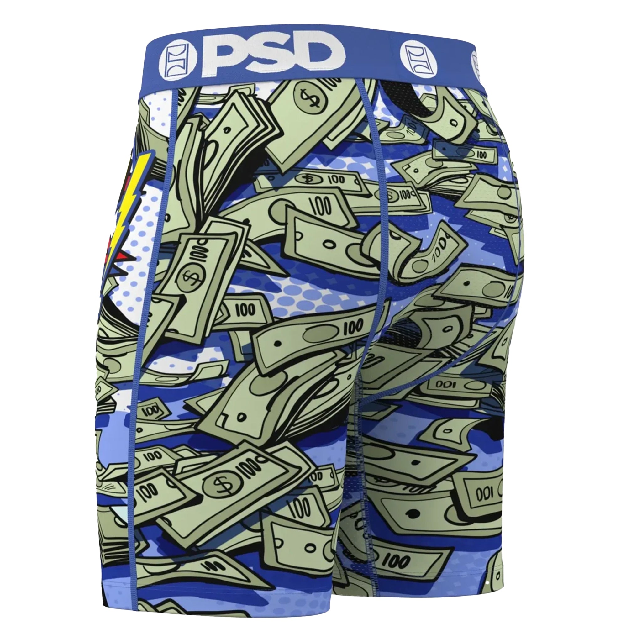 Blue athletic shorts featuring a cartoon money print with green dollar bills, a blue waistband with white 'PSD' branding, and yellow side accents.