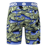 Blue boxer briefs featuring an all-over print of falling dollar bills, with a solid blue waistband displaying white 'PSD' logos.