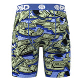 Blue boxer briefs featuring an all-over print of falling dollar bills, with a solid blue waistband displaying white 'PSD' logos.