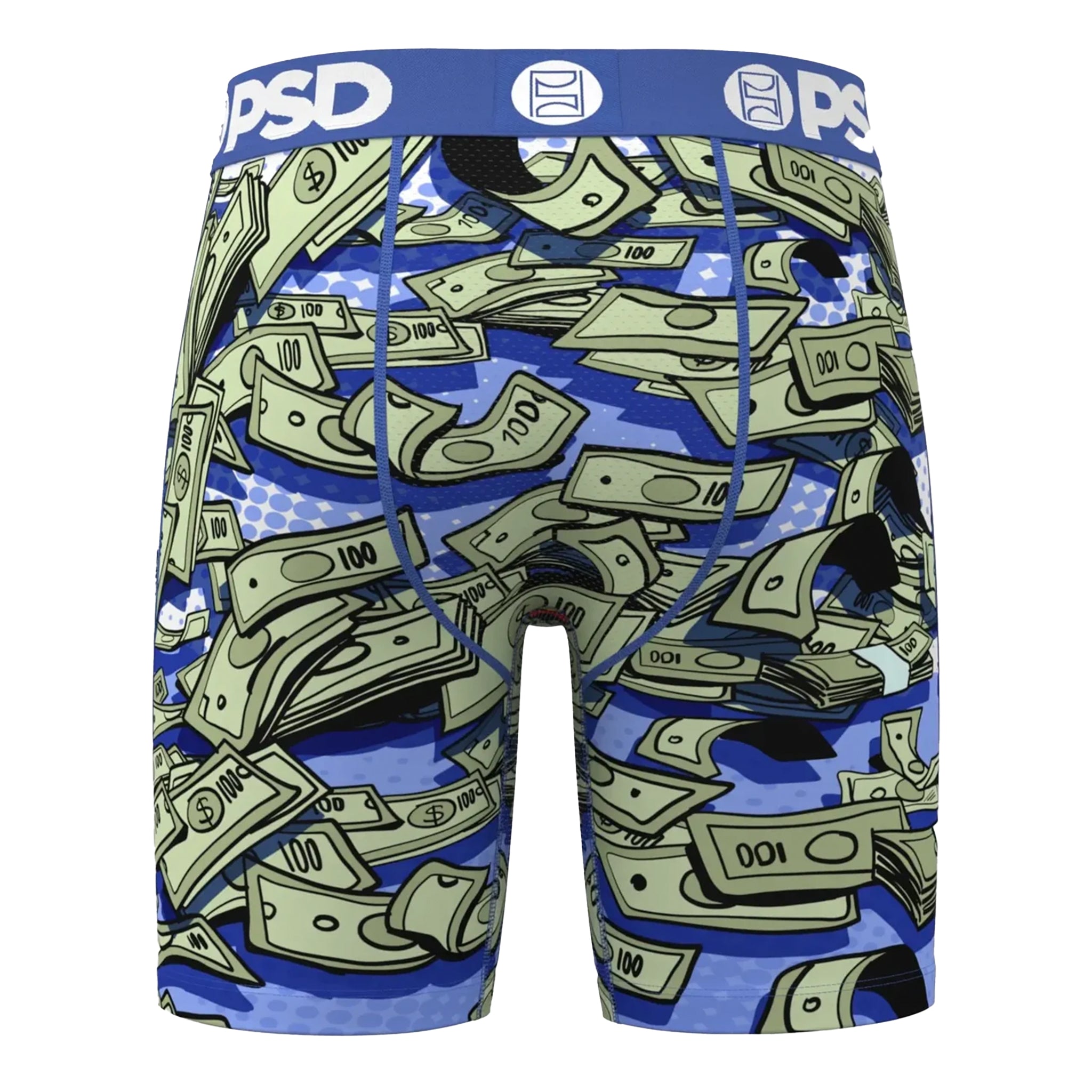 Blue boxer briefs featuring an all-over print of falling dollar bills, with a solid blue waistband displaying white 'PSD' logos.