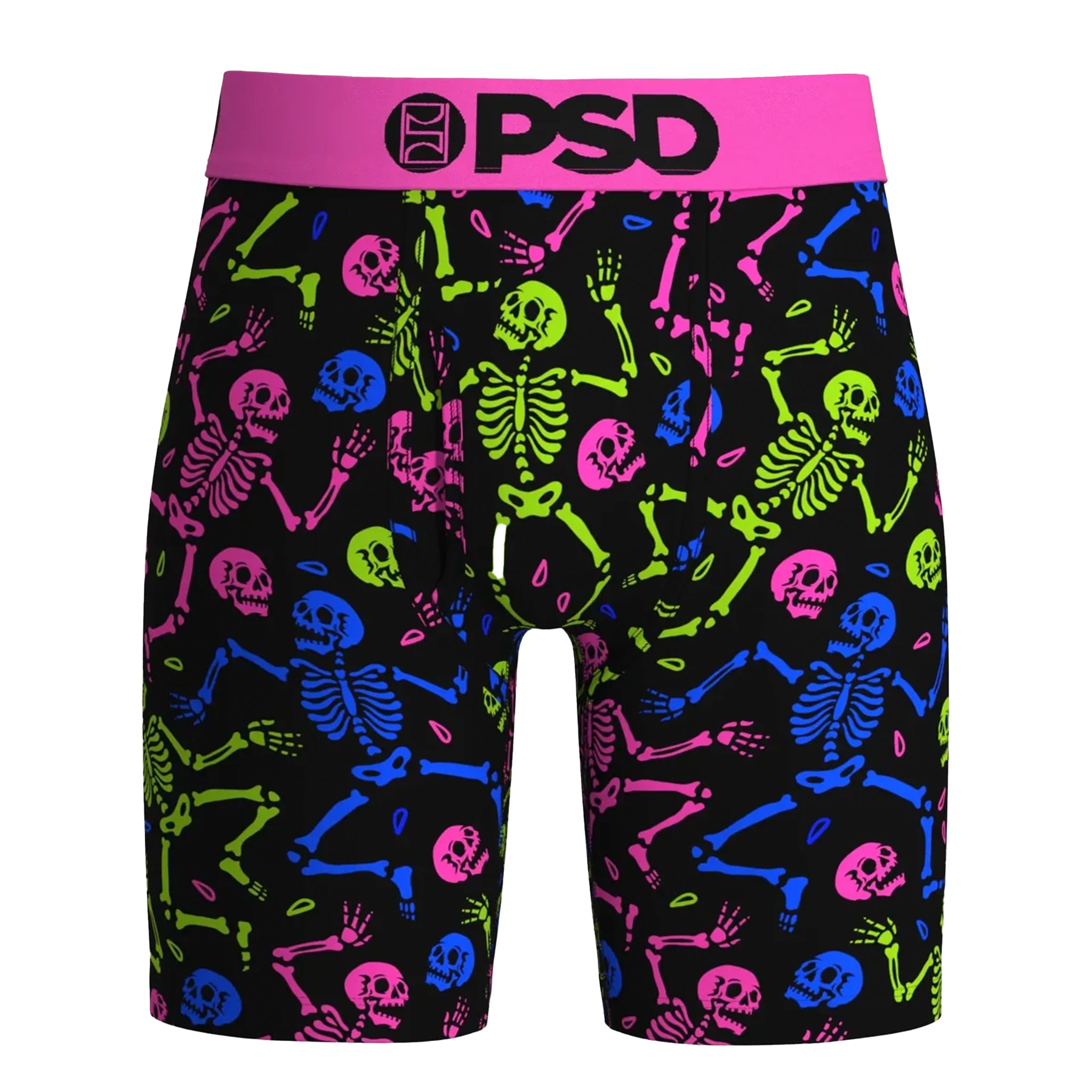 Black boxer briefs featuring a vibrant neon pattern of pink, blue, and green skeletons, with a bright pink waistband displaying the black 'PSD' logo.