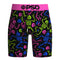 Black boxer briefs featuring a vibrant neon pattern of pink, blue, and green skeletons, with a bright pink waistband displaying the black 'PSD' logo.