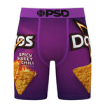 PSD Purple boxer briefs with a Dorito Chip 'Spicy Sweet Chili' flavor graphic, featuring a purple waistband with 'PSD' branding and printed tortilla chip graphics.