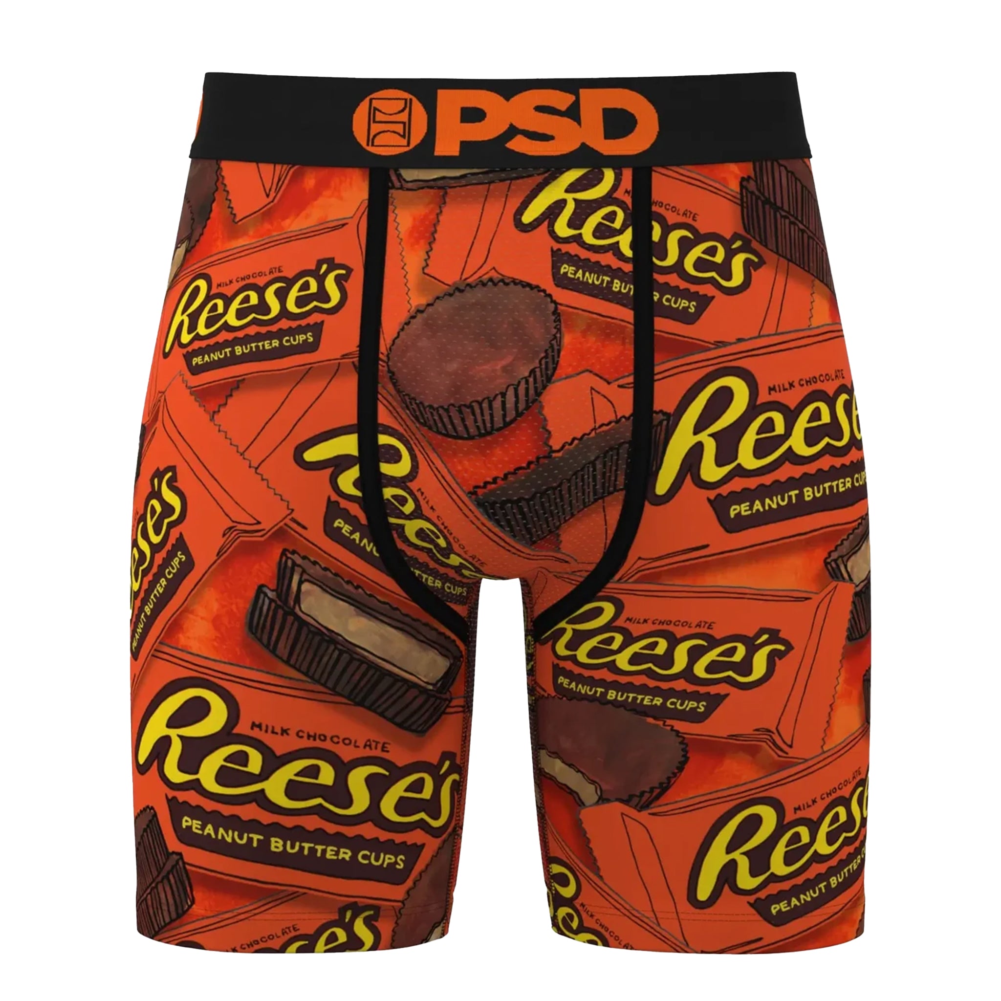 A pair of men's boxer briefs featuring an all-over Reese's Peanut Butter Cups print on a bright orange background, with a black waistband and drawstring.