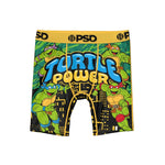 Boy's boxer briefs featuring a colorful Teenage Mutant Ninja Turtles graphic print with the text 'TURTLE POWER' on the front, a yellow waistband with 'PSD' branding, and character illustrations of Leonardo, Michelangelo, Donnie, and Raphael.